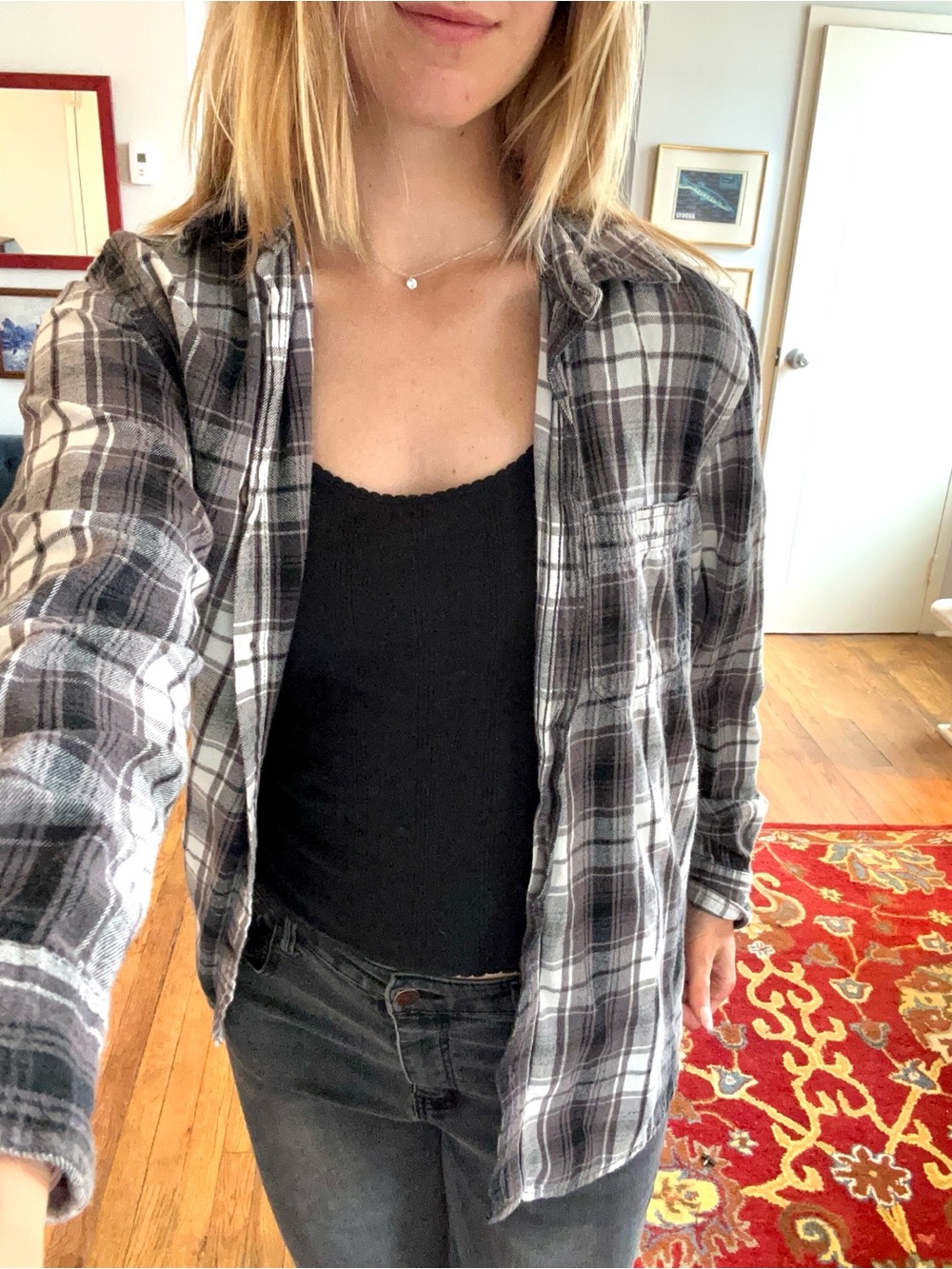 Faded Glory Black and Gray Plaid Button-Down Flannel Shirt